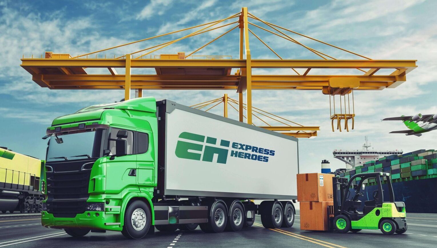 Green  truck. In the background is a loaded ship and plane, a forklift with boxes approaches the truck. The photo shows an all-in-one service