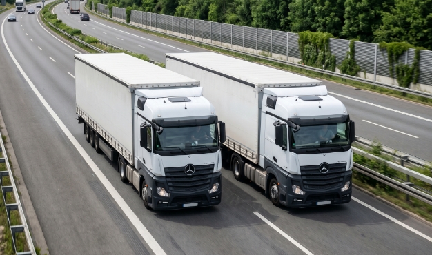 Two trucks on a European road freight route