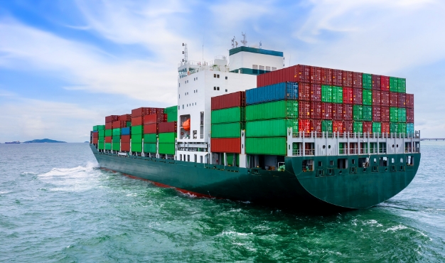 Container ship transporting cargo by sea