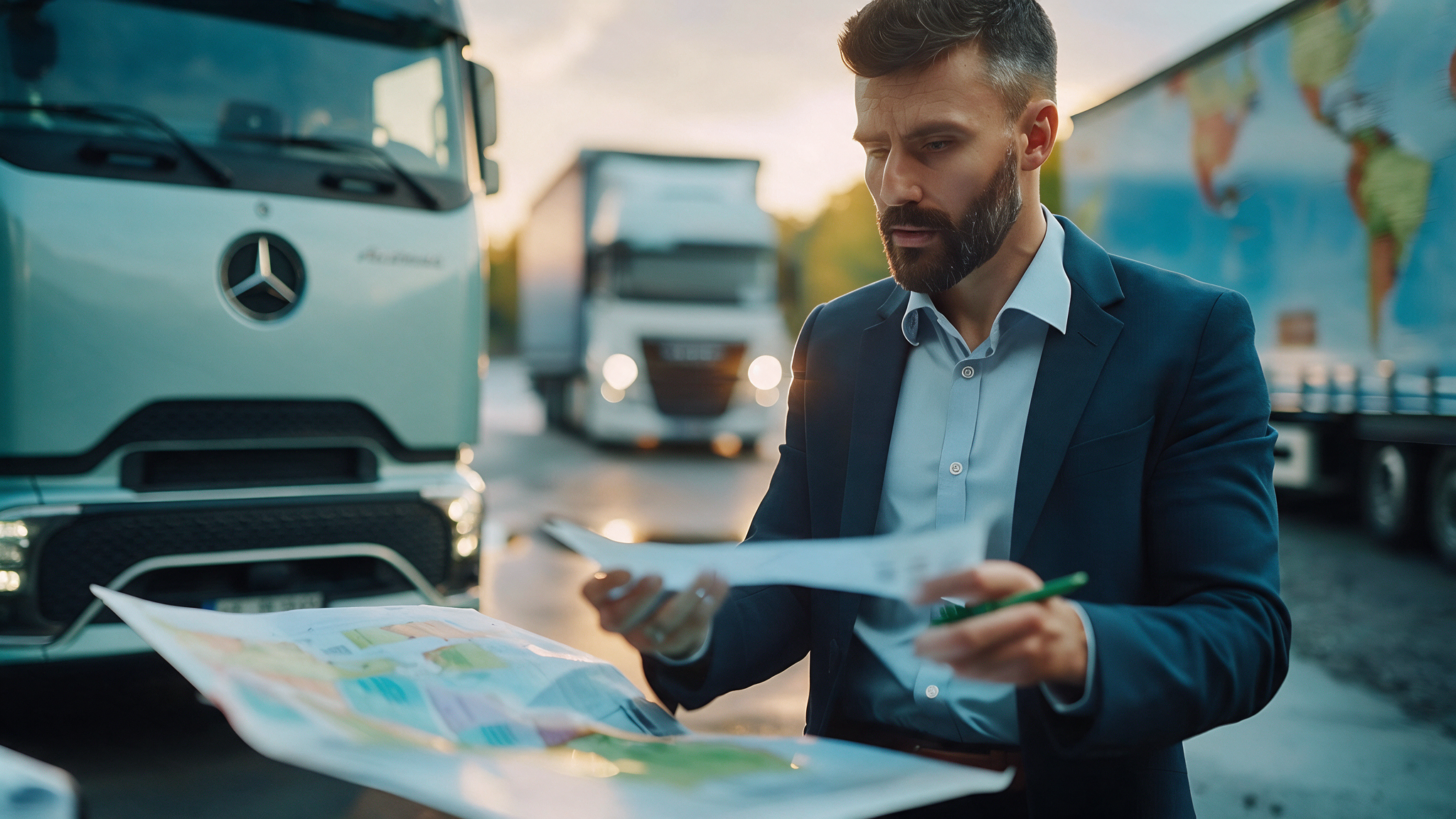 Przedsiębiorca analizuje dokumenty przy ciężarówkach podczas planowania działalności transportowej