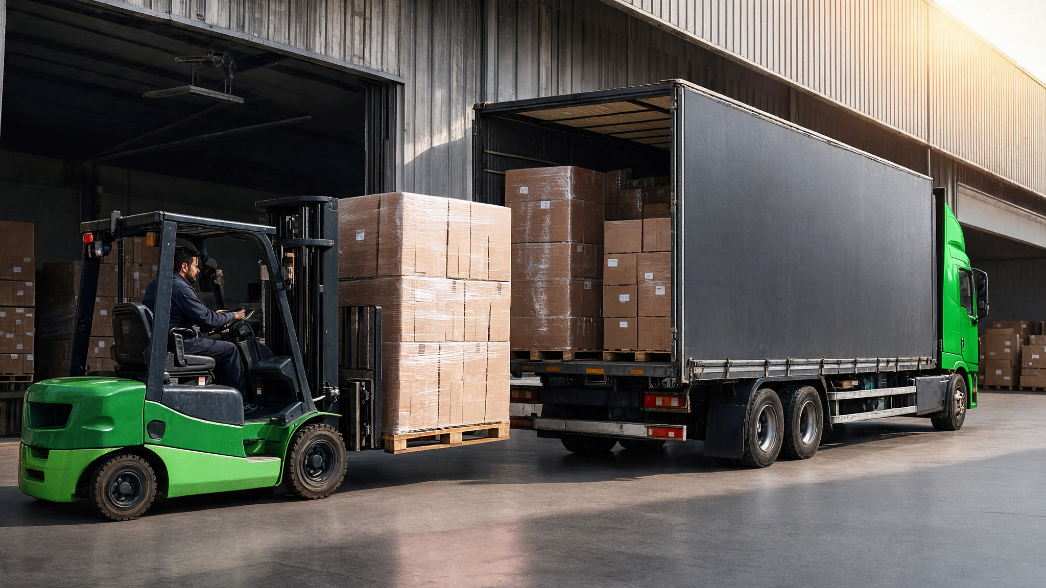 Forklift loading pallets with cardboard boxes into the trailer of a green truck parked at a warehouse loading dock